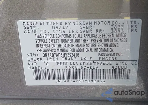 2017 Nissan Sentra S/Sv/Sr/Sl z USA, uszkodzony, nr VIN 3N1AB7AP5HY392416